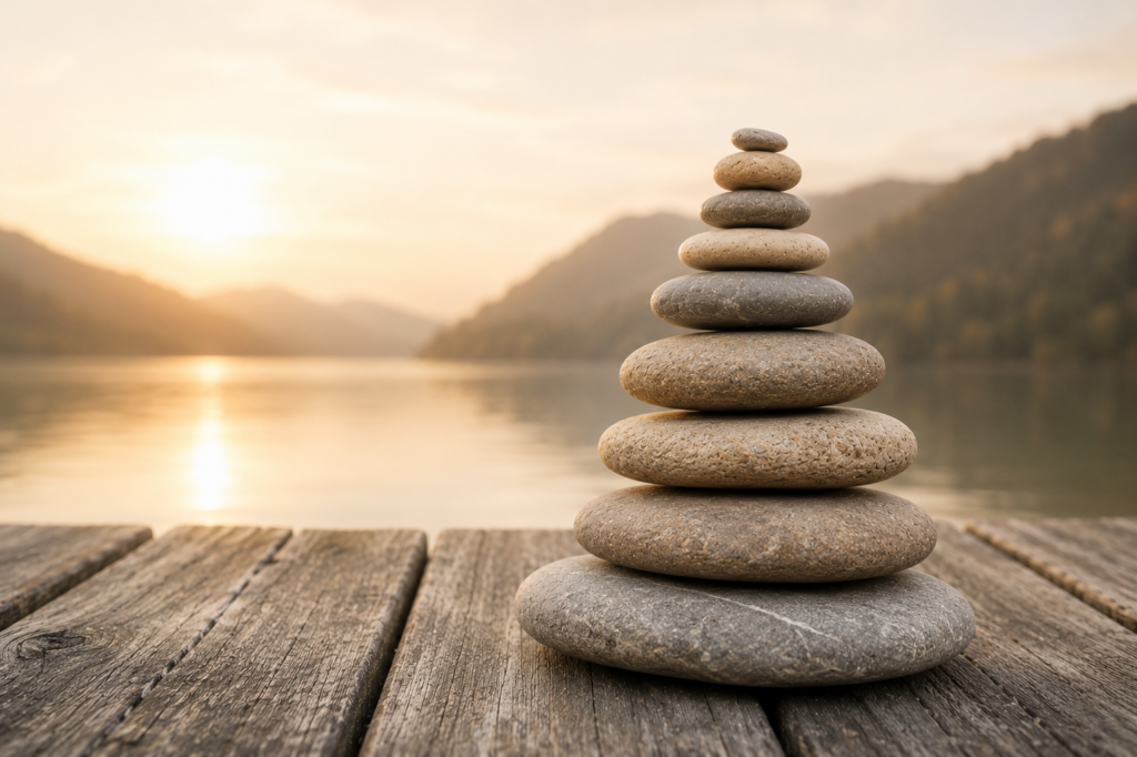 Stack of balanced rocks symbolizing balance attained though mindful practice of bringing attention to thoughts, emotions, actions and needs.